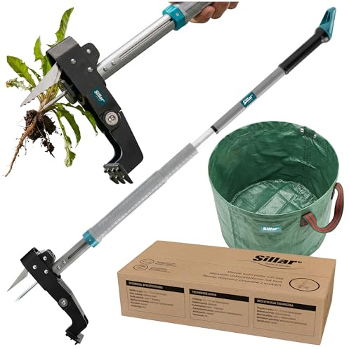 Sillar Estirpatore Erbacce Manuale Telescopico 99,5–117 cm con Sacco Giardino 50L, Estrattore Erbacce con Artigli in Acciaio e Meccanismo Espulsione per Prato e Giardino