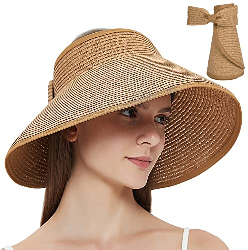 Maylisacc Open Top Chapeau pour Été Pliable Chapeau de Paille avec Bord Large Kaki UPF 50+