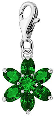 Quiges Charm Anhänger Kristall Grün Zirkonia Blume Mai Geburtsstein 925 Silber mit Karabinerverschluss für Bettelarmband