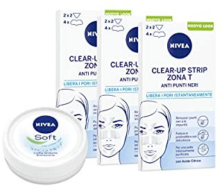 NIVEA Clear-Up Strips Zona T Cerotti punti neri in confezione da 3 x 6 pezzi, Cerotti anti-imperfezioni per la pulizia viso e NIVEA Soft Mini crema viso, corpo e mani da 25 g in omaggio