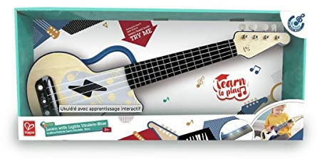 Hape Ukulélé Électrique Bleu avec Apprentissage Interactif - Petite Guitare pour Enfant dès 3 Ans - Instrument de Musique en Bois - Jouet d'Éveil Musical - Idée Cadeau Fille et Garçon - Taille Enfant