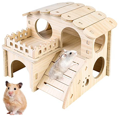 Vegena Hamster Eckhaus, Holz Hamsterhaus, 2 Etagen Hamster Käfig Versteck Ecketage Dekor Zubehör für Zwerghamster, Rennmäuse, Degus, Stachelmäuse