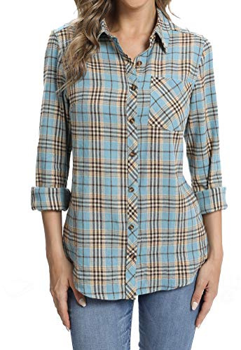 fuinloth Chemisiers et Blouses Femme Chemise en Flanelle Légère à Carreaux et Manches Longues Shirt élégant Tunique avec Poches Bleu L 40-42
