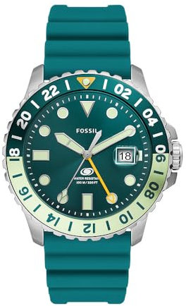 Fossil Blue uhr für Herren, GMT Uhrwerk mit Edelstahl- oder Lederarmband, Grün, 46MM