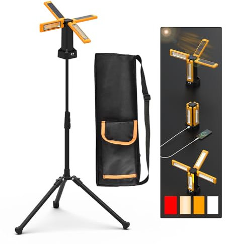 Foco de Construcción LED con Batería Solar con Trípode, Batería de 13200 mAh de Capacidad, Foco Recargable de Trabajo 8000 Lúmenes, Para Obras de Camping, Estudio (Naranja)