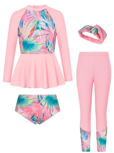 GRACE KARIN Conjunto de cuatro piezas para niñas traje de baño de manga larga + pantalones de natación+bragas+diadema, Hojas de palma rosa azulado, 14 años