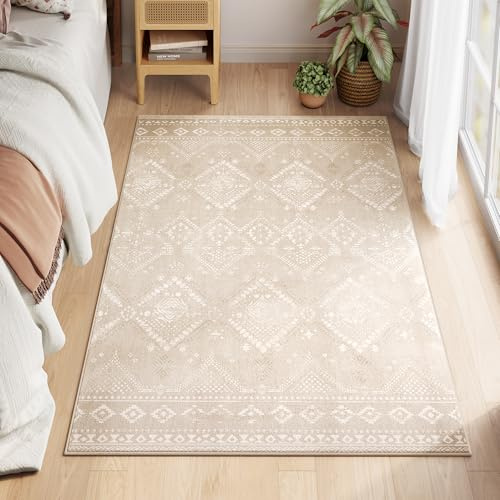 SONGMICS HOME Boho Teppich, 120 x 170 cm, Schlafzimmer Teppich, Wohnzimmerteppich, rutschfesterteppich, waschbarerteppich, flauschig, Dekoration, für Wohnzimmer, cappuccinobeige TAR027K01