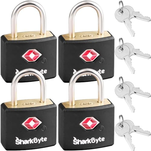 SharkByte Small TSA Approved Padlocks with Keys [4 Pack, 8 Keys] – Suitcase & Luggage Locks for Travel, Gym, Backpacks, Laptop Bags, and Zippers