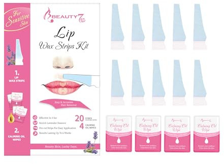 Facial Hair Removal Wax Strips for Upper Lip - 20 Strips and 4 Oil Wipes for Women's Face - Cold Wax for Sensitive Skin with Lavender