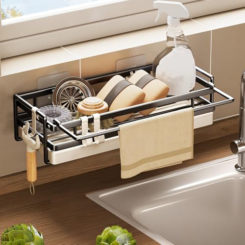 Spülbecken Organizer Küchen Organizer mit Spültuchhalter- Hängend, Schwarz Kohlenstoffstahl für Spüle, Abwasch, Spülmittel & Küchenutensilien - Spülablage & Küchenablage ohne Bohren, Sink Organizer