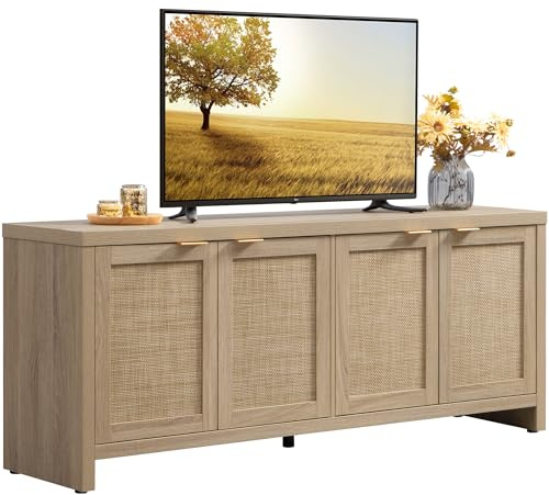 SICOTAS TV Stand for Living Room Boho Entertainment Center for Bedroom with 4 Rattan Cabinets Farmhouse Television Stands with Storage Large Media Console Table for TVs up to 65 Inch