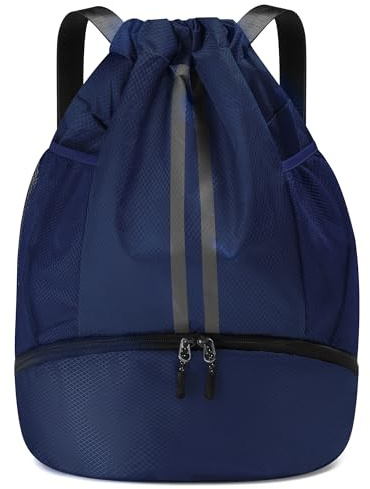 Sacca sportiva per uomini, donne e bambini, compartimento scarpe separato, design con cordino, sacca palestra con separazione asciutto/bagnato, per basket, calcio, zainetto sportivo (Blu navy)