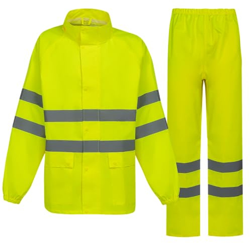 BWOLF Himalaya - Tuta antipioggia da uomo, a maniche lunghe, impermeabile, con elastico in vita, giacca con cappuccio, giacca antipioggia + pantaloni da pioggia, 2 tasche, Giallo Hv, XXL
