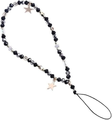 Hehglng Correa negra con colgante de estrella de cinco puntas – Bonita correa para teléfono móvil, cordón desmontable, bolsa, llavero, colgantes de cámara y dijes para teléfono celular