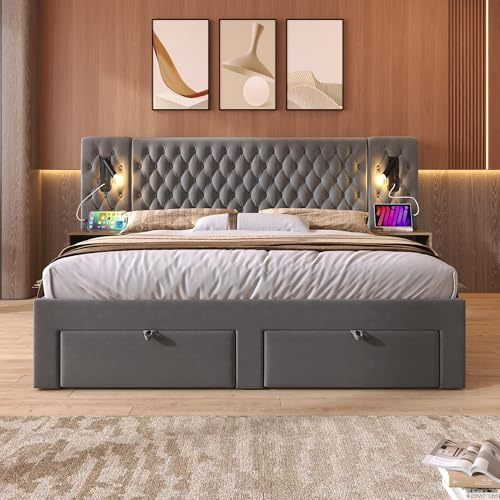 Easexcy Juego completo de cama para dormitorio, cama doble tapizada de 160 x 200 cm, con 2 mesitas de noche y 4 cajones, color gris, terciopelo (sin colchón)