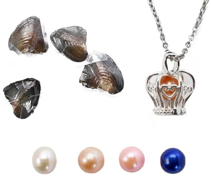 kiss me Natural Oysters With Pearl Inside, Pearl Oysters with DIY Necklace Kit locket Cage Silver Necklace pendant 18'',Anniversary Decoration for Jewelry Making Gifts (4PCs/Lot, Crown Necklace)