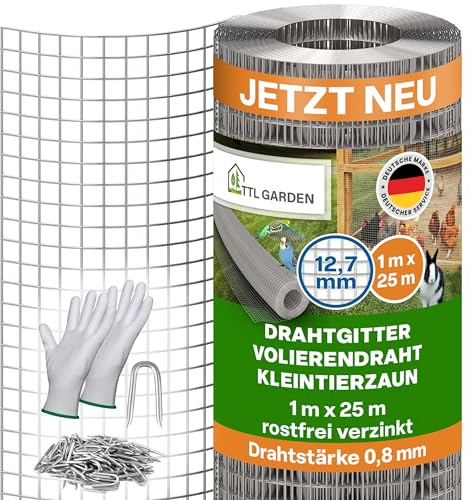 TTL GARDEN 1x25m Drahtgitter 12,7mm Masche 0,80mm Draht auf Rolle - feinmaschig rostfrei verzinkt Stärke 12,7 mm Maschenweite Volierendraht Maschendraht Hasendraht Wühlmausgitter 25m x 1m breit