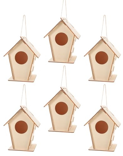 FUNNETOYU Kit de 6 Casitas de Pájaros de Madera sin Pintar para Pintar Colgantes Pequeñas de Madera Natural Manualidades DIY para Decoración de Jardín y Proyectos Creativos al Aire