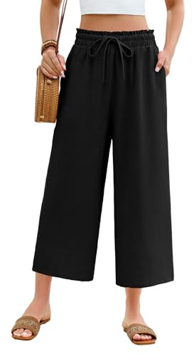 CMTOP Pantalon Femme Été Fluide Léger Pantalon Chic Taille Haute Elastique Pantacourt Ample Décontractée 7/8 Droit Pants Travail Couleur avec Cordon Poches