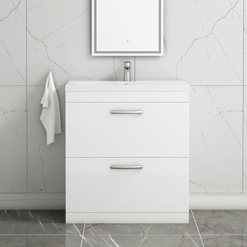 Royal Bathrooms 800mm Floor Standing Bathroom Vanity Unit Mid Edge Basin 2 Drawers Storage Cabinet Furniture - Gloss White