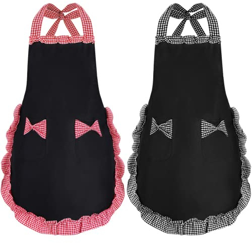 2 Delantales Negros para Mujer Con 2 Bolsillos - Impermeables de Cocina y Chef para Cocinar, Hornear - Regalos para Mamá, Esposa, Novia, Abuela