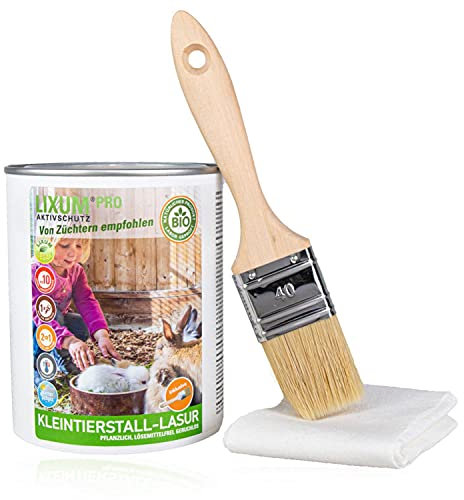 Lixum PRO 100% biologische & natürliche BIO Kleintierstall Holz Lasur, Farbe:Grau 0.80, Inhalt:335 ml (ca.10m²), inkl. Zubehör:Pinsel