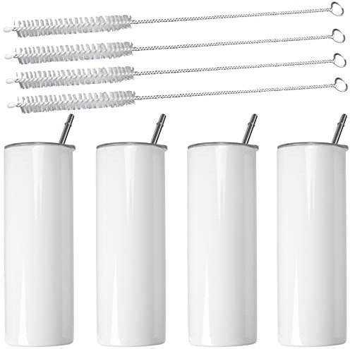 Yeruvce Gobelets à Sublimation 20 Oz Maigre Droite, Blancs de Sublimation en Acier Inoxydable Gobelet Skinny, avec Couvercle et Paille, Paquet de 4