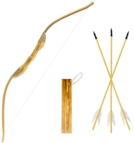 Basbon Youth Wooden Bow and Arrow Set, 40 Inch Handmade Wooden Bow and Arrow Cosplay Costume Prop Archery Set Games Toys, 1 Bows 1 Quivers and 3 Feather Arrows, Gifts for Kids Youth Boys and Girl