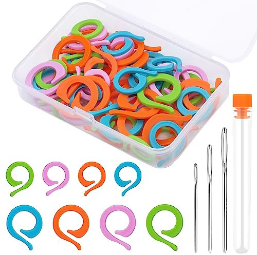 Riddur 55 farbige Strickringe, feststellbare Punktezähler mit Kunststoffbox, Punkte-Ringe 21/17 mm mit stumpfer Nadel, groß für DIY Nähen und Stricken