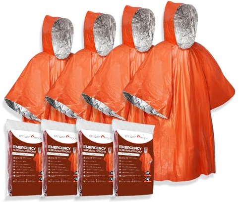 Bushcraft Outdoor Gear Lot de 4 Ponchos de Pluie de Survie d'urgence en Feuille de Mylar réversible, imperméable, rétention de la Chaleur, Protection Contre la Pluie