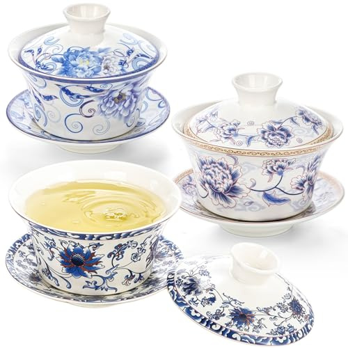 Cididu Set of 3 Chinese Tea Cups with Lid and Saucer, 10oz Large Porcelain Gaiwan Tea Mug Set, Handmade Tea Bowl, Traditional Chinese Ceramic Teaware Tea Brewing System for Home Office Kitchen