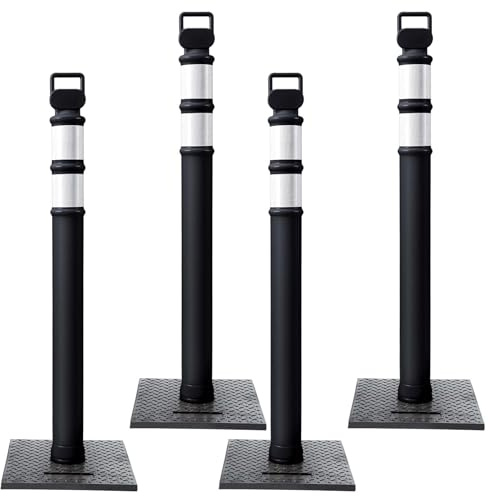Kanayu 49 Inch Traffic Delineator Posts with 8.8 Lbs Rubber Base PE Delineator Post Portable Parking Pole Traffic Cone Barrier with Removable Base, Reflective Band(4 Packs,Black)