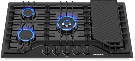GASLAND Gas Cooktop 36 Inch with Griddle, PRO GH3365EF 5 Burner Propane Stovetop with Reversible Cast Iron Grill/Griddle, Gas Countertop Plug-in, NG/LPG Convertible Cooktops, Black