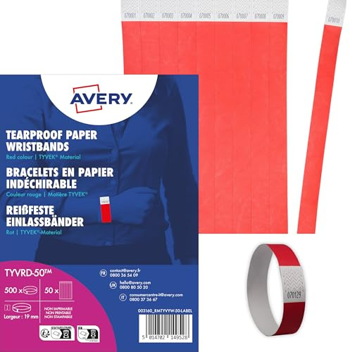 AVERY Zweckform TYVRD-50 Einlassbänder Tyvek 500 Stück (256x19mm, fortlaufend nummeriert, reiß- und wasserfest, sicherer Klebeverschluss, Eintrittsbänder, Event Armbänder, Securebänder) neonrot