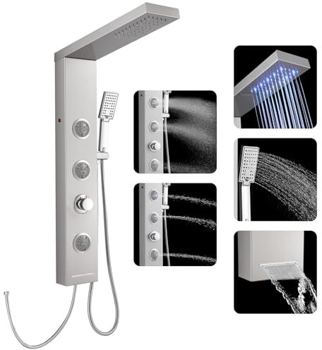 ROVOGO Duschpaneel ohne Armatur, 4 in 1 Duschpaneele mit LED, 2 Strahlarten Massagedusche, Regendusche, Handbrause und Wanneneinlauf für Badezimmer Dusche, Wandmontage Edelstahl Duschsäule, Gebürstet