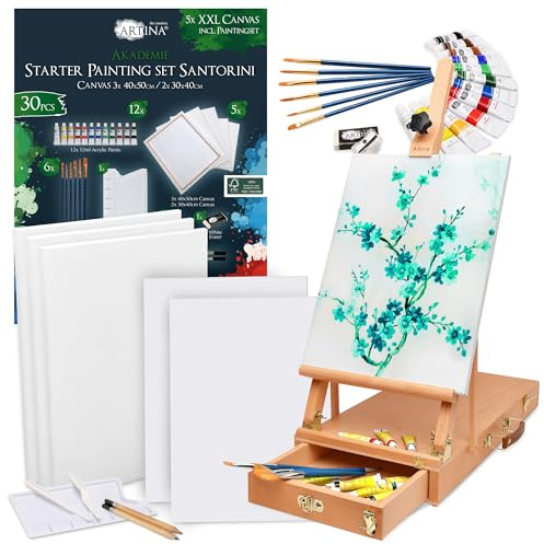 Artina 30pc Set Pittura Acrilica Santorini & Cavalletto Le Mans – Set Artisti con Telai, 12 Colori Acrilici Pennelli Tavolozza per Pittura Cavalletto Tavolo in Legno Faggio Cassetto Utensili Pittura