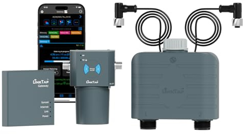 LinkTap T1 2 Utgångar Smart Bevattningsdator & Gateway, 2 Vattenmätare | Bevattning efter Väder/Volym/Tid, Flera Strömalternativ, Realtids Läckagedetektering, Smarter Frostskydd, IP66 Väderbeständig