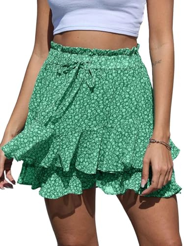 CheChury Summer Shorts for Women Chiffon Flowy Shorts Ladies Skorts Floral Skirt Ruffle Casual Shorts High Waist Drawstring Bohemia Vintage Shorts Culotte Shorts Tennis Shorts,Green,M