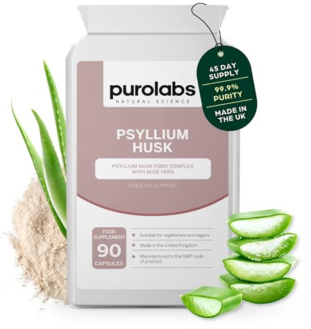 Purolabs Psyllium Husk Capsules – Organic Psyllium Husk 99.9% High Purity Fibre Supplement with Aloe Vera – Natural Digestive Support for Gut Health, Bowel Regularity & Daily Wellness – 90 Capsules