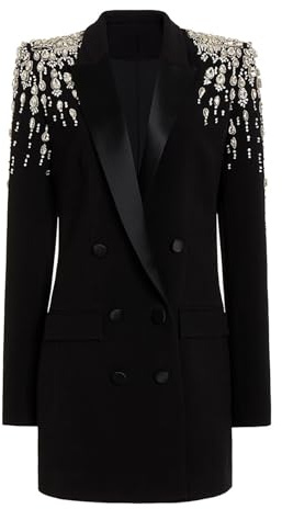 NCDIMS Women's Rhinestone Long Blazer Dress Jacket Luxury Handmade Diamond Satin Collar Double Breasted Women Suit Outfits for Wedding Party Prom Black