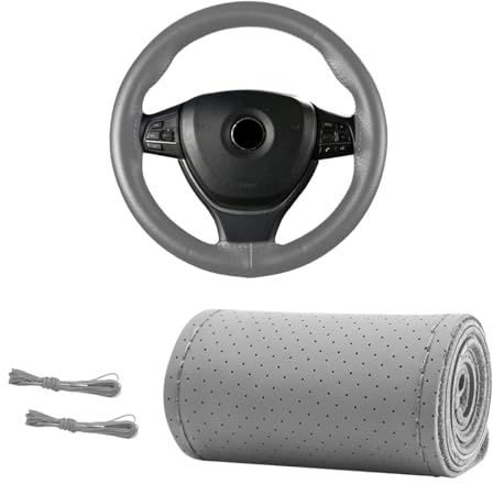 MUQIDA Genuine Leather Steering Wheel Cover, 15 Inches Breathable Stitch on Wrap Steering Wheel Cover, Anti-Slip Auto Wheel DIY Sewing Protector with Needle Thread (Gray, Full Hole)