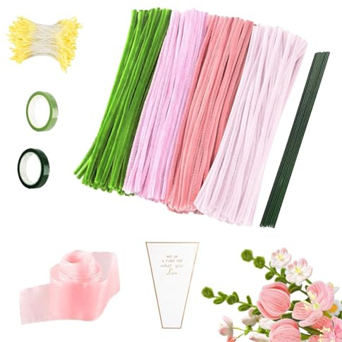 MOLIMOLI Set di 400 Fiori in scovolino - 4 Colori di scovolini per Il Fai da Te Rosa con 360 stami, Filo Metallico per Fiori e Nastro Regalo - Set di Fiori in scovolino per Decorazioni Fai da Te