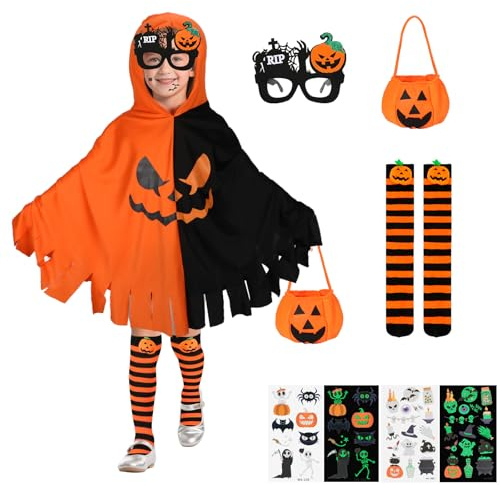 6 PCS Disfraz Calabaza Niño Nina, Disfraz Halloween Niño Calabaza Capa Tatuajes Temporales Luminosos Gafas Bolsa de Dulces Medias Rayas, Disfraces de Halloween Trick or Treat Carnaval Fiesta Cosplay