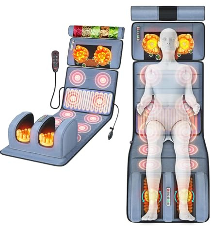 Tappetino massaggiante per tutto il corpo con calore, 10 motori, massaggiatori vibranti per la schiena con 2 cuscinetti riscaldanti per collo, schiena, spalle, materasso, rilassamento muscolare del
