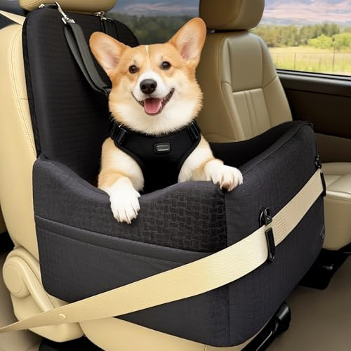 PETSFIT Hundesitz für Auto bis 15 kg – 13cm Memory Foam Booster für kleine & mittelgroße Hunde, Sicherheitsgurt-System, Abnehmbarer & waschbarer Bezug, für Reisen & Zuhause (Schwarz)
