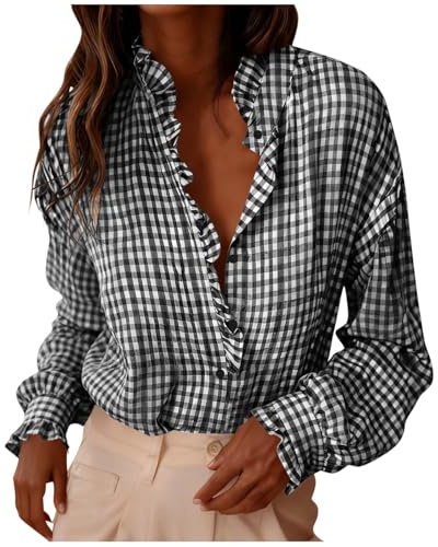 Générique Chemisier Femme à Carreaux Col Classique Manches Longues Boutons Ourlet Replié Top Élégant Blouse Tendance Automne Printemps Vêtement pour Quotidien Bureau Voyage Streetwear
