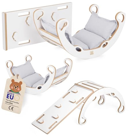MISIOO Mini Rocker XS - Balançoire 4 en 1 - Aire de jeux d'intérieur - Avec coussin - Escalade pour enfants - Intérieur - Avec mur d'escalade/toboggan 75 x 36,5 cm - Bascule 74,8 x 39,6 x 39 cm