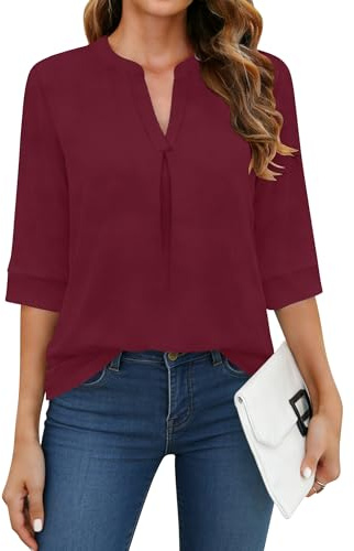 WNEEDU Chemise Femme à Manche 3/4 Col V Tee Shirt Long Chemisier et Blouses | Fine Haut,Décontracté Tunique,Blouse Chic et Élégant,Chemise Long,Base Chemisier,Three-quarter Sleeve