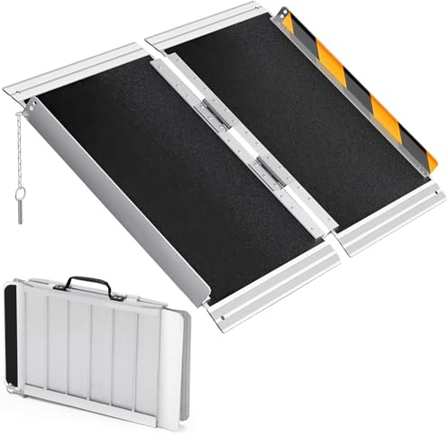 Rampa Plegable Portátil De Aluminio Para Silla De Ruedas: Superficie Antideslizante, Capacidad De 270 a 360 Kg, Ligera, Ideal Para Escalones, Puertas, Escaleras y Scooters. Diseño Con Cerradura De Seg