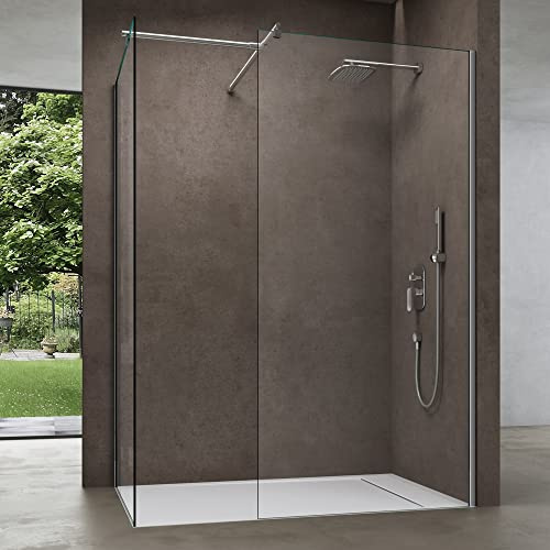doporro Box Doccia Walk-In Due Lati Fissi 120x80cm, Parete Doccia Anticalcare in Cristallo Trasparente da 8mm con Braccio Sostegno Telescopico in Acciaio Bremen01K-T